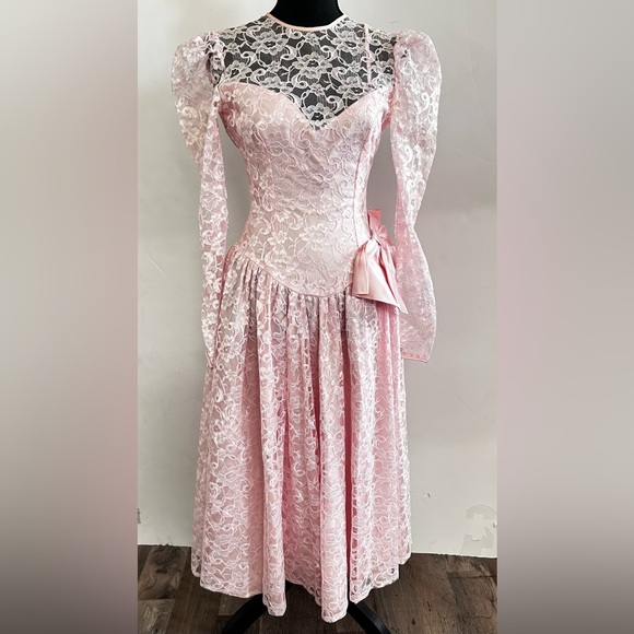 Vtg Alfred Angelo Party Dress Lace Pink Big Bow Puff Sleeve Back Open Womens S/M - Picture 11 of 15